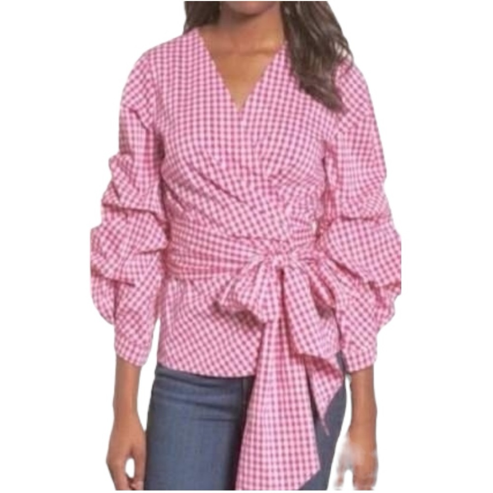 Halogen Pink & White Gingham Print 3/4 Ruched Sleeve Wrap Blouse - M